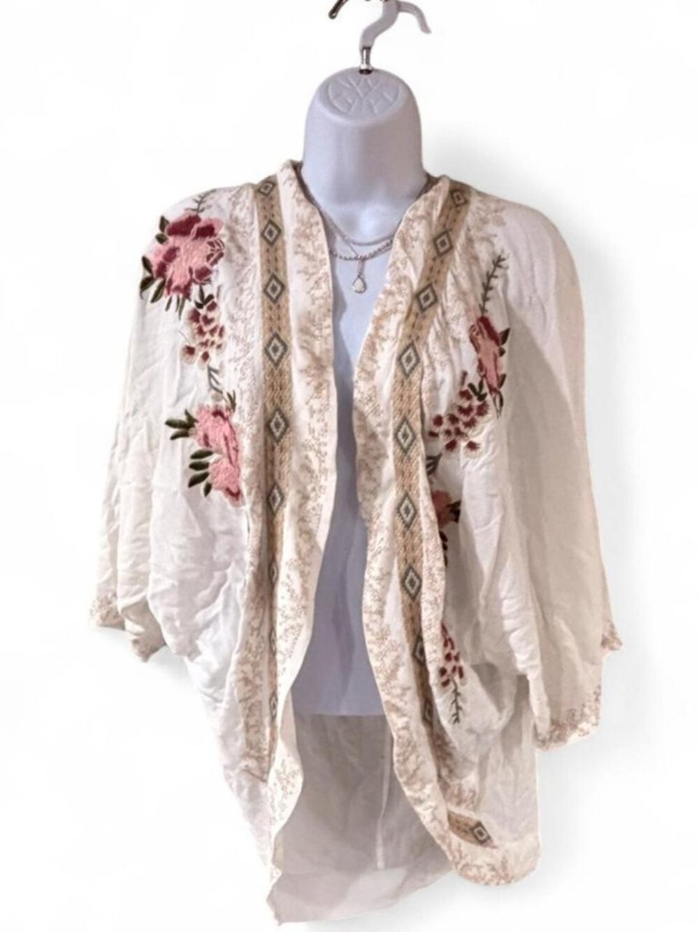 Paparazzi Cream Floral Embroidered Boho Kimono Size M